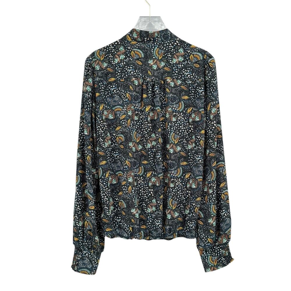 Evereve Charlie Neck Tie Teal Multicolor Printed Long Sleeve Chiffon Blouse - Picture 9 of 12